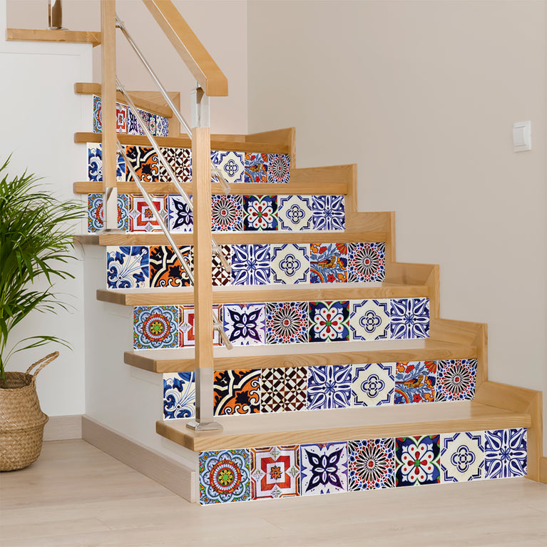 Multiple Patterns Blue and Blue Orange Backsplash Tile Stickers Model - S1