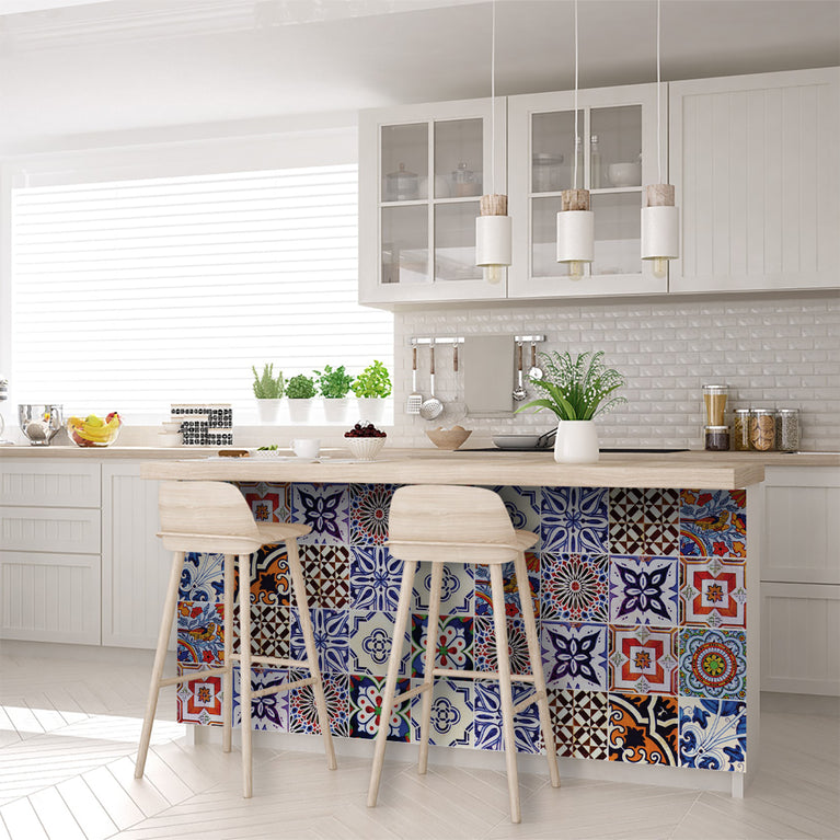 Multiple Patterns Blue and Blue Orange Backsplash Tile Stickers Model - S1