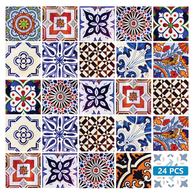 Multiple Patterns Blue and Blue Orange Backsplash Tile Stickers Model - S1