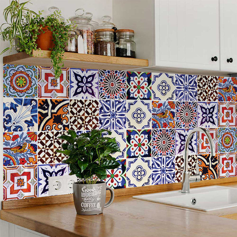 Multiple Patterns Blue and Blue Orange Backsplash Tile Stickers Model - S1