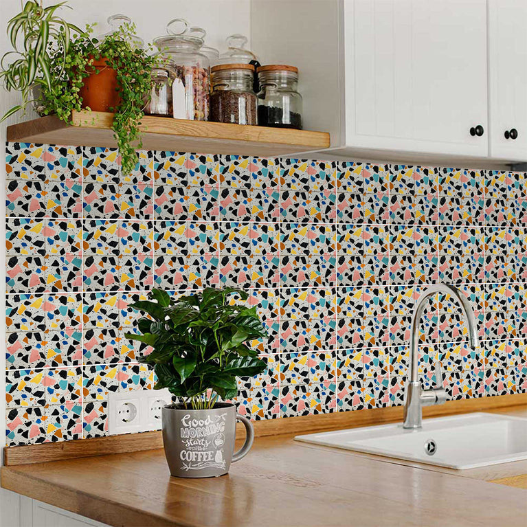 Terrazzo Multicolor Design Peel And Stick Vintage White Tile Stickers Model - T10