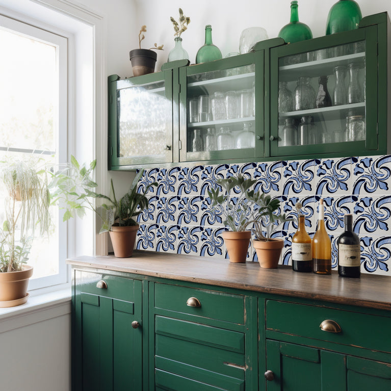 Blue White Design Tile Stickers Backsplash Easy Apply  Model - V6