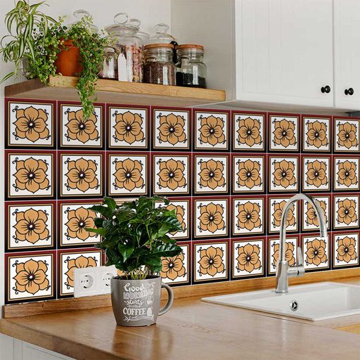 Flower shaped Red and Brown tile stickers for Home Renovations Model - M15
