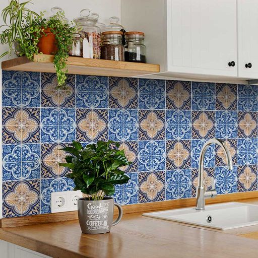 Blue and Gold two patterns peel and stick Tile Stickers for bathroom tiles Model - H120
