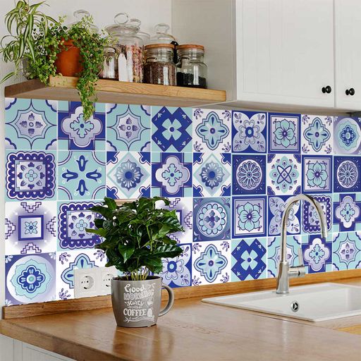 Blue backsplash removable Tile Stickers renters friendly vivid color Model - M7