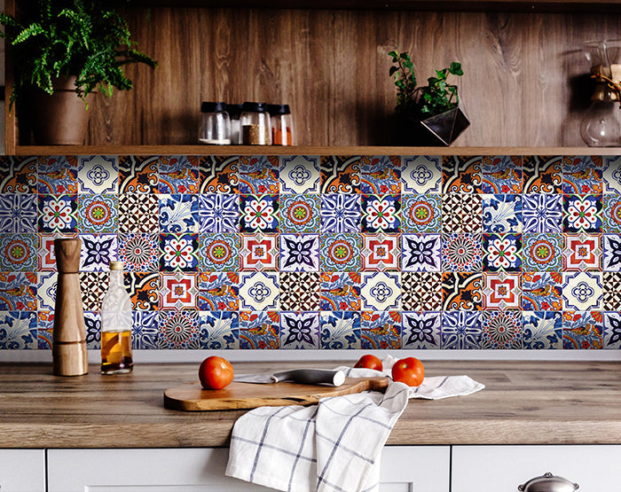 Multiple patterns Blue and Blue Orange Backsplash Tile Stickers Model - S1