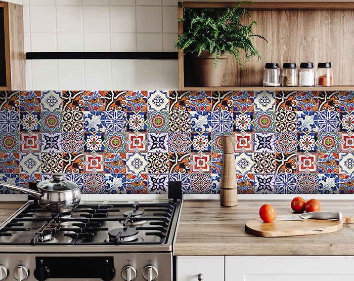 Multiple patterns Blue and Blue Orange Backsplash Tile Stickers Model - S1