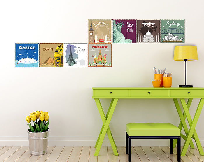 12x2 (24 pcs) TRAVEL THE WORLD WITH THESE ILLUSTRATED STAMP WALL STICKERS